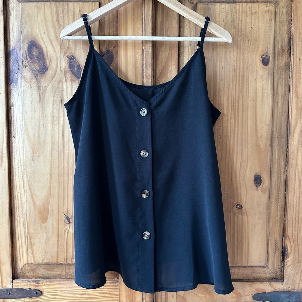 A-Line Button-Down Sleeveless Blouse V-Neck Adjustable Straps Tank Top Black - L